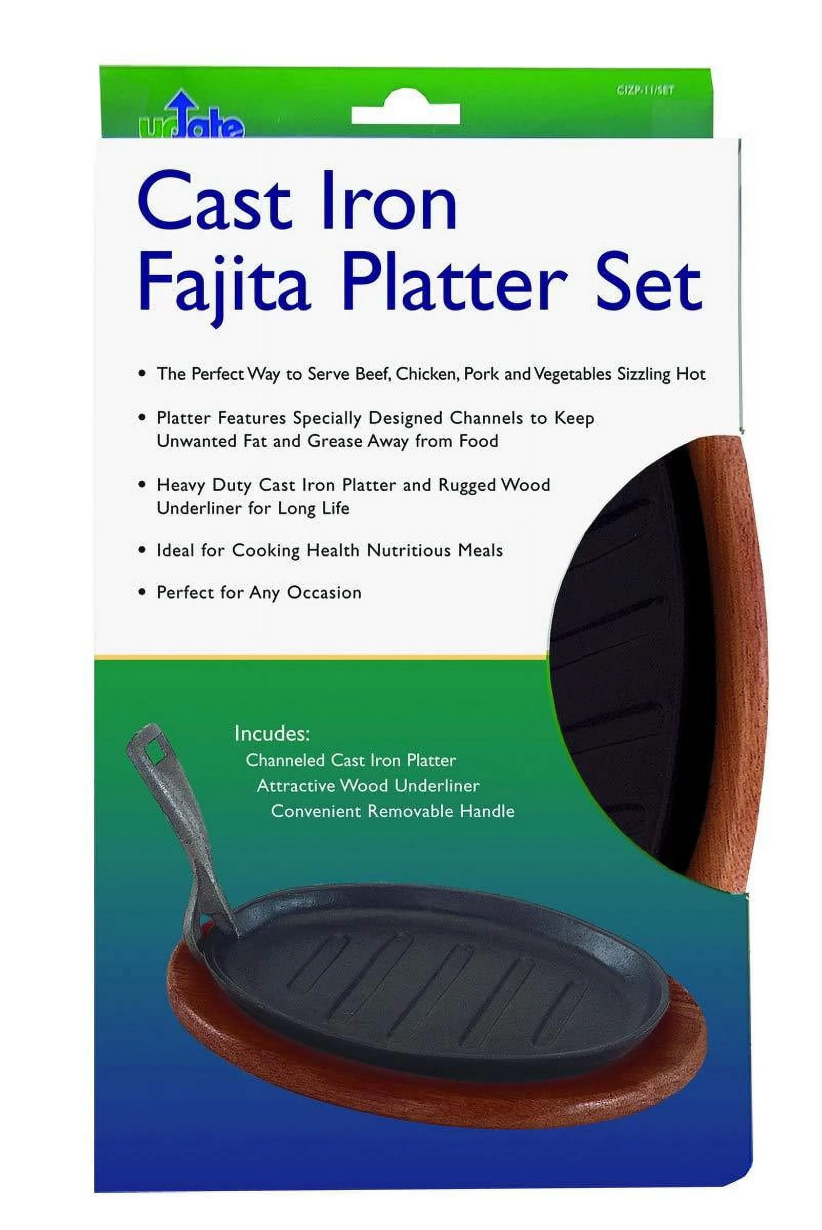 Update International CIZP-11-SET Cast Iron Steak Platters With Wood Underliner