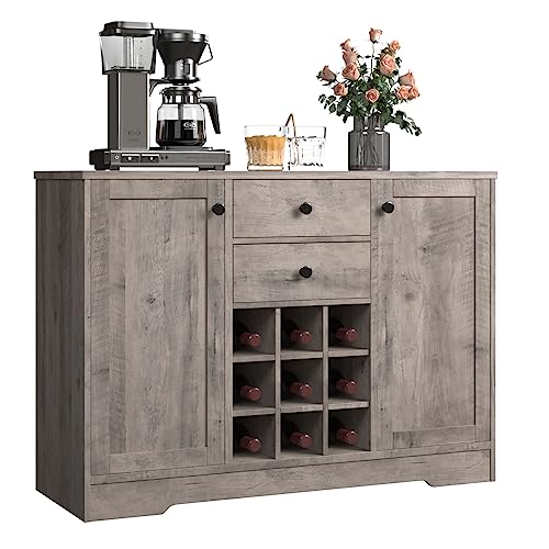 Buffet Sideboard Bar Cabinet with Storage, Farmhouse Coffee Bar Cabinet with 2 Drawers and Adjustable Shelves, 43.3’ Kitchen Buffet Storage Cabinet for Kitchen, Dining Room (Dark Brown)
