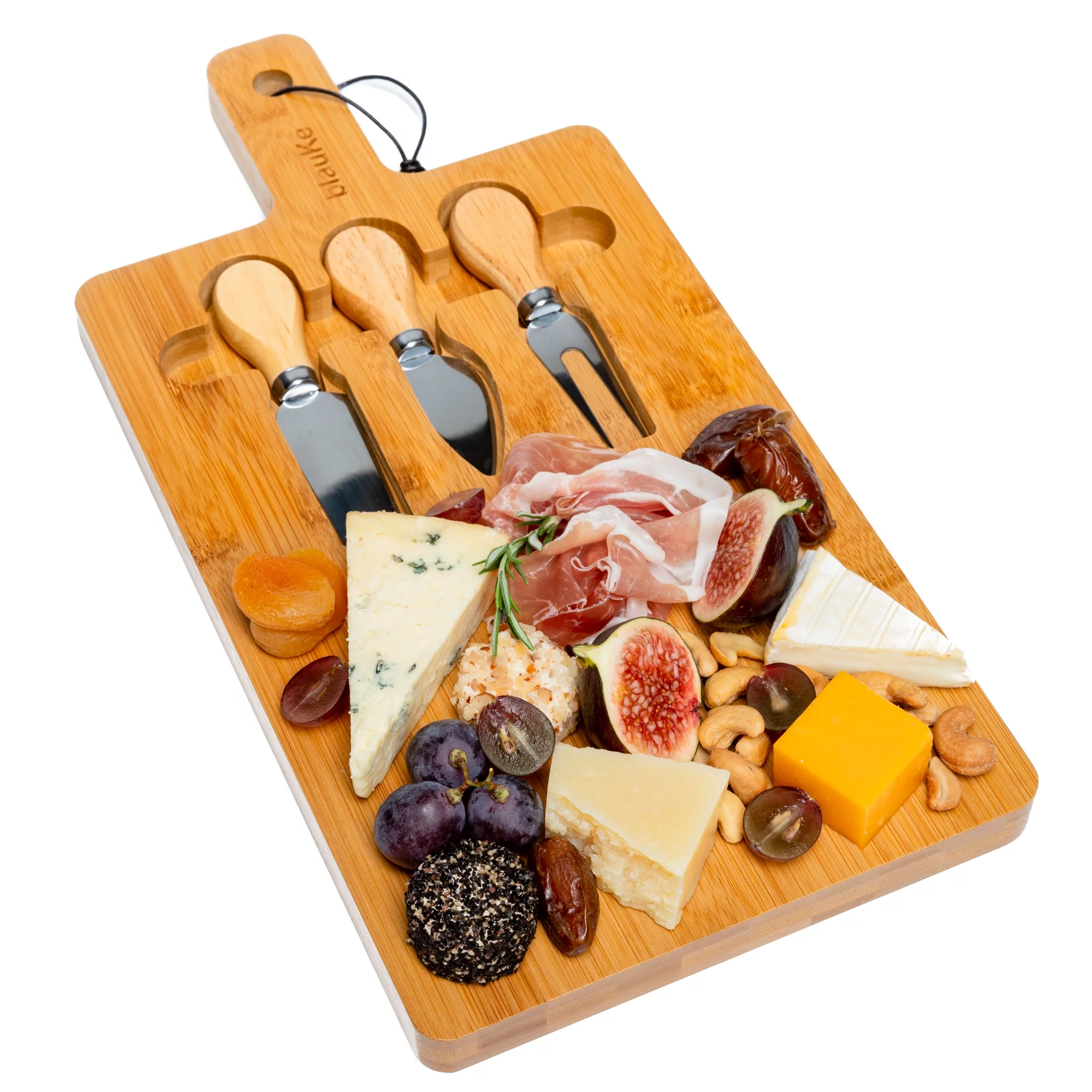 BlauKe® Bamboo Cheese Board and Knife Set 12x8 inch - Wood Cheese Cutting Board, Serving Tray Platter, Charcuterie Board Set, Magnetic Cheese Knives