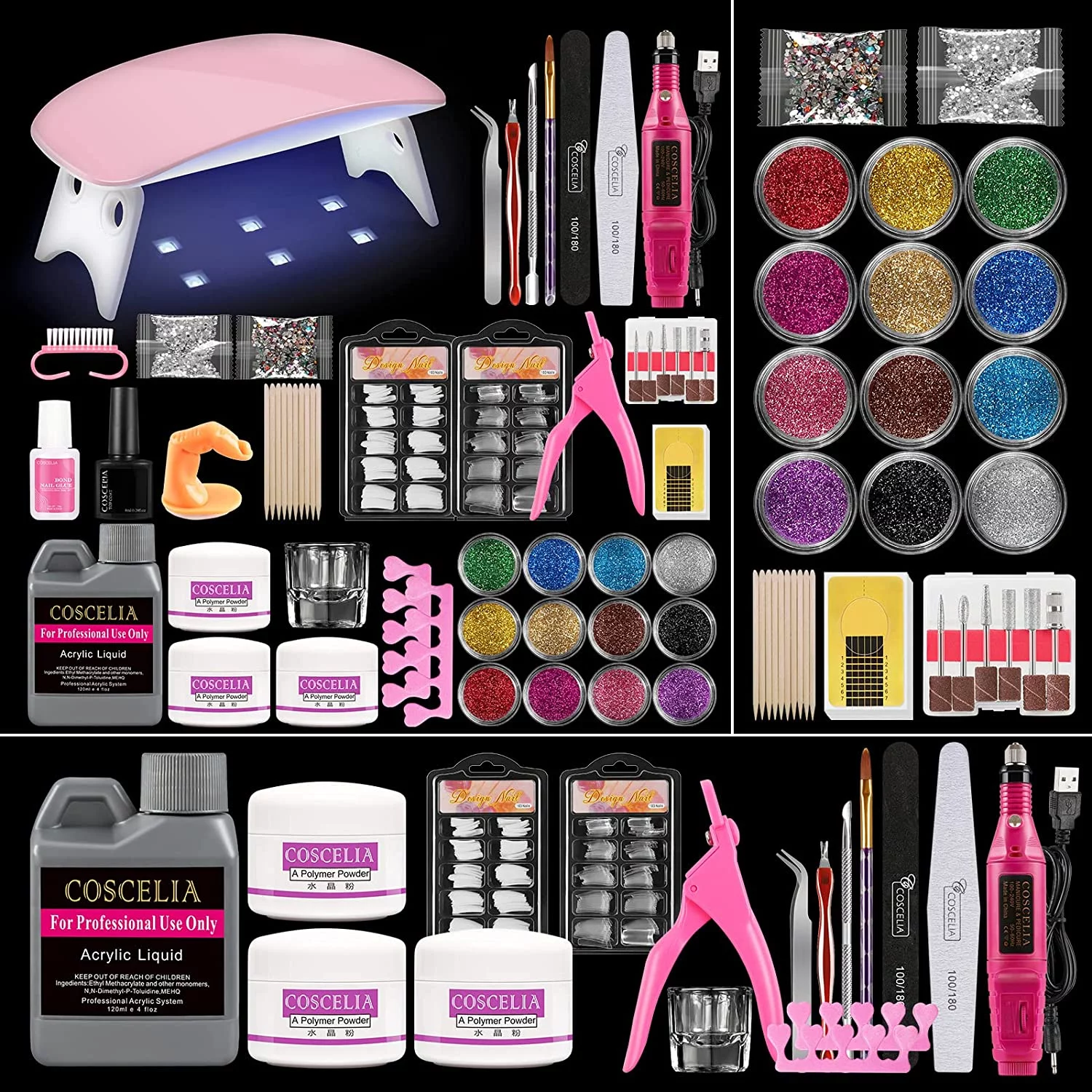 Coscelia Acrylic Nail Kit with UV Light Nail Drill 3 Basic Color MMA Liquid Set for Nail Extension