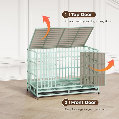 48 Inch Heavy Duty Indestructible Dog Crate Steel Escape Proof, Indoor Double Door High Anxiety Cage, Kennel with Wheels, Removable Tray, Extra Large XL XXL