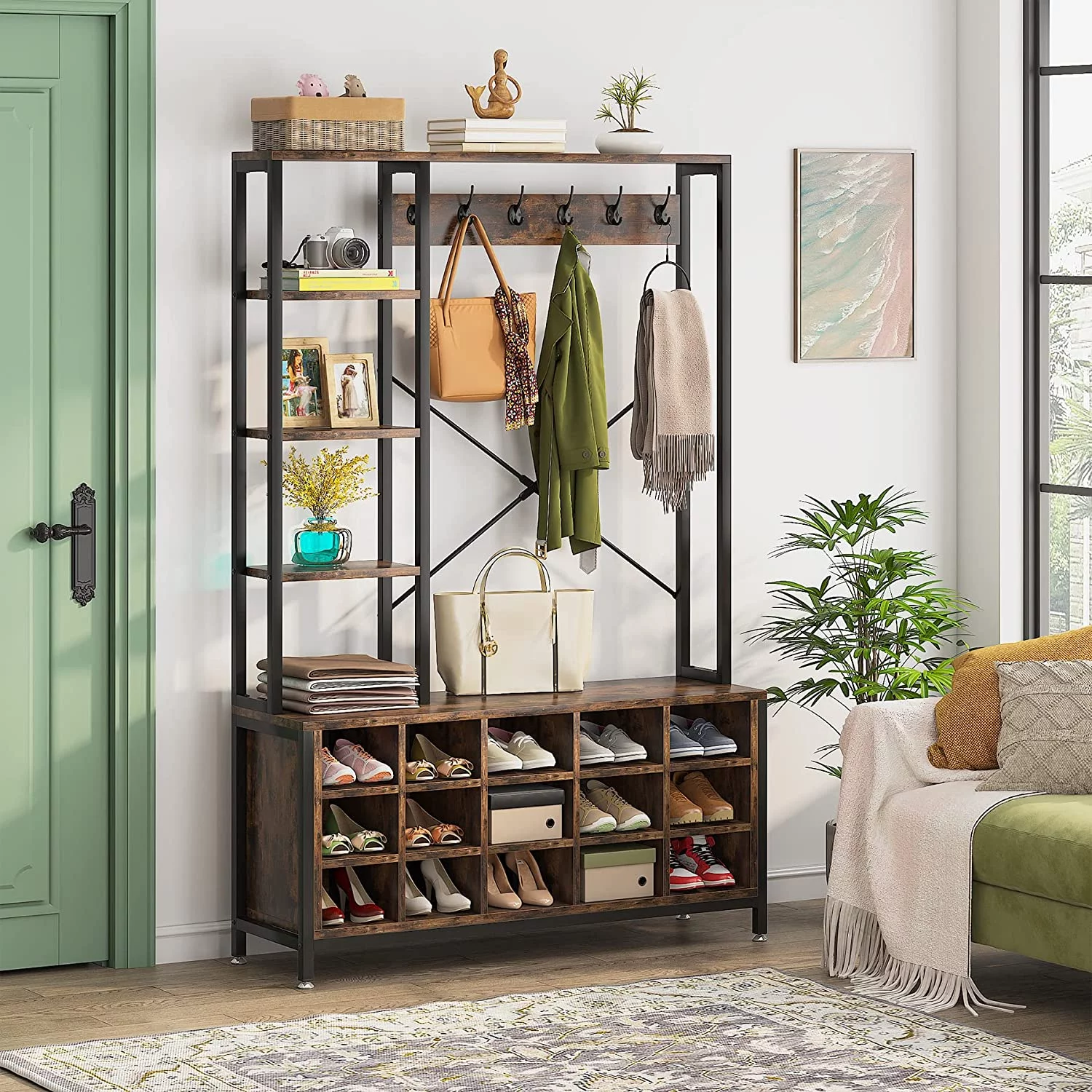 Tribesigns Entryway Hall Tree with Bench and Shoe Storage Bench with Coat Rack with Storage Shelves, Industrial Mudroom Bench with Shoe Storage and Coat Rack Hooks, Furniture for Hallway, Bedroom