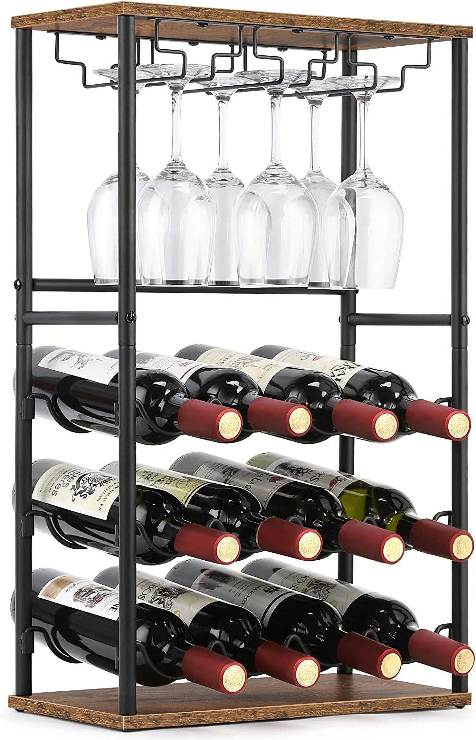 Oumilen 7.11 lb. Countertop Brown Wine Bar Rack, Holds 12 Bottles and 6 Glasses