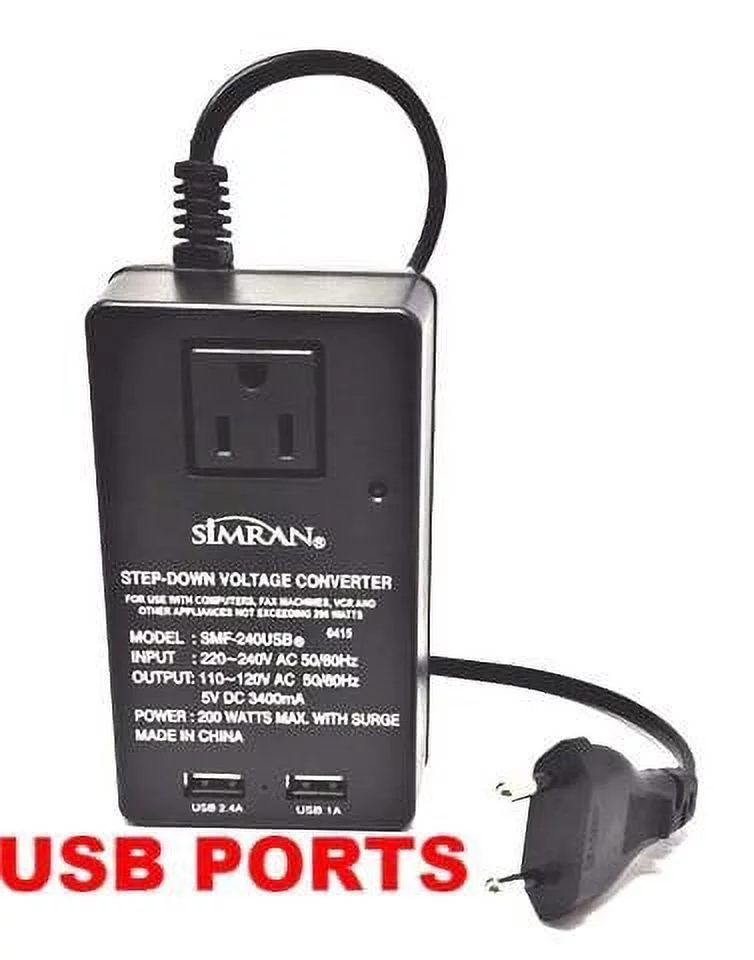 Simran Deluxe 2-in-1 Voltage Converter 2 USB Ports and 1-AC Outlet 200 Watt For 220V International Travel, SMF-240USB