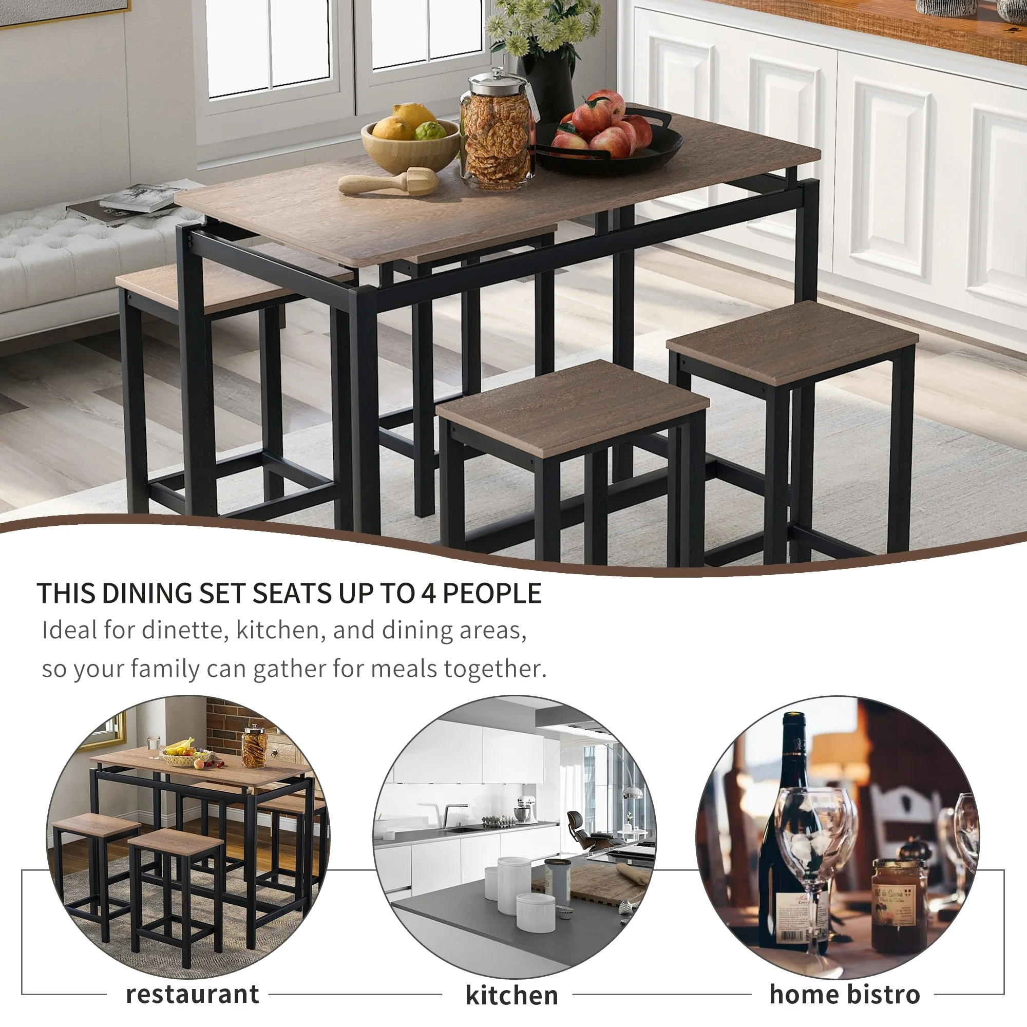 Bar Table and Chairs Set, 5-Piece Dining Table Set Industrial Counter Height Pub Table with 4 Chairs, Kitchen Breakfast Table Dark Brown
