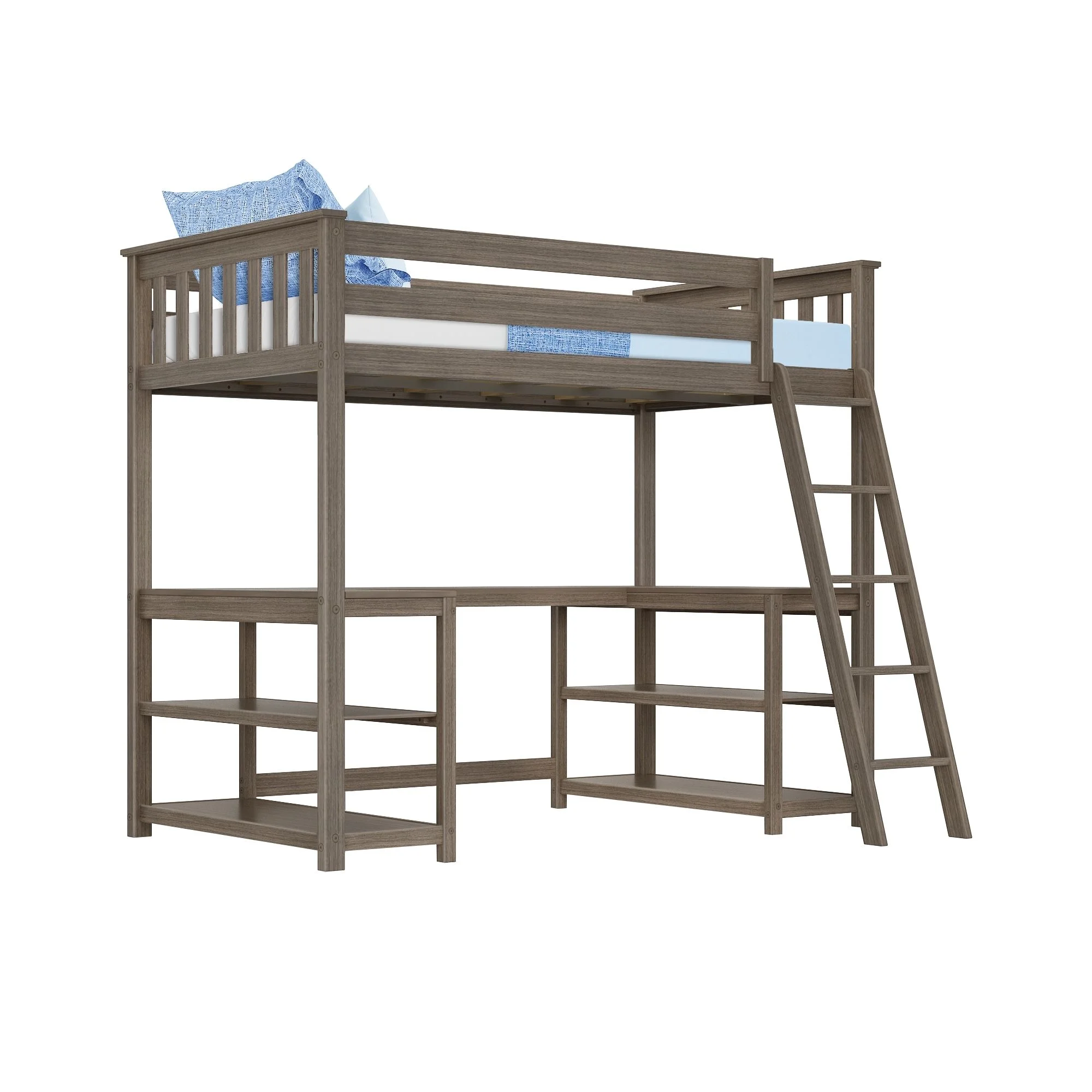 Max & Lily Twin Loft Bed, Modern Solid Wood High Loft Bed with Desk and Storage Shelves for Kids, Clay