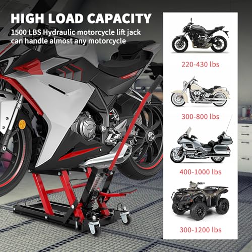 Hydraulic Motorcycle Lift Jack 1500Lb Capacity ATV Scissor Jack with 4.7-14.57in Height Adjustment, Non-Slip Platform & 360° Swivel Casters, Garage Lift for Dirkbikes, Utvs, Red