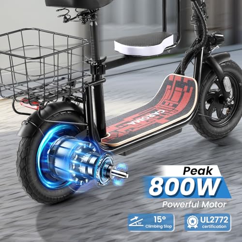 Caroma Peak 500W/800W/1200W Electric Scooter with Seat, 30 Miles Max Range Electric Scooter Adults&Teens, 48V Large Battery, 20MPH Top Speed Foldable Ebike, Adjustable E-Bike with Basket&Kid Seat