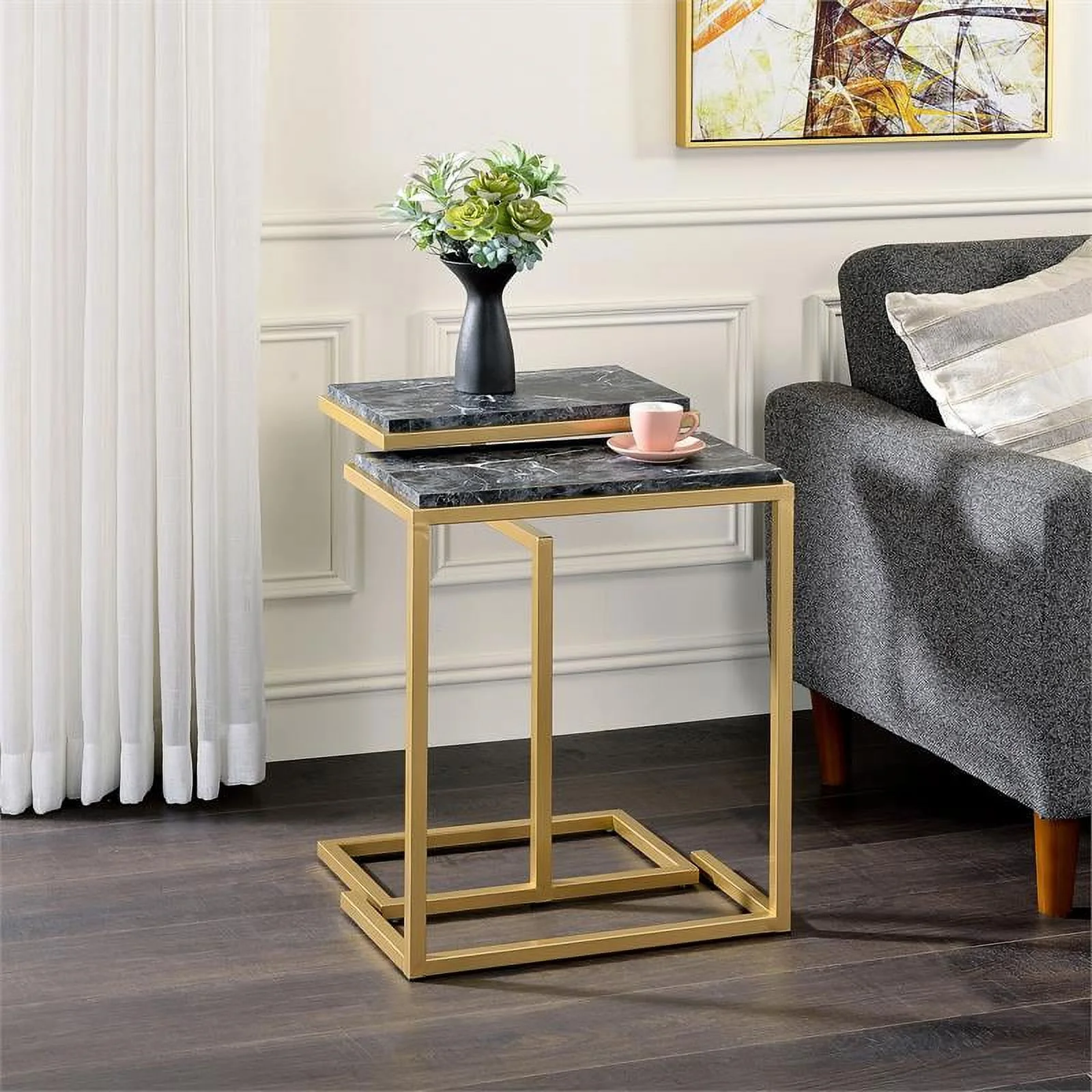 Furniture of America Gorvaire Contemporary Metal 2-Piece Nesting Table in Black