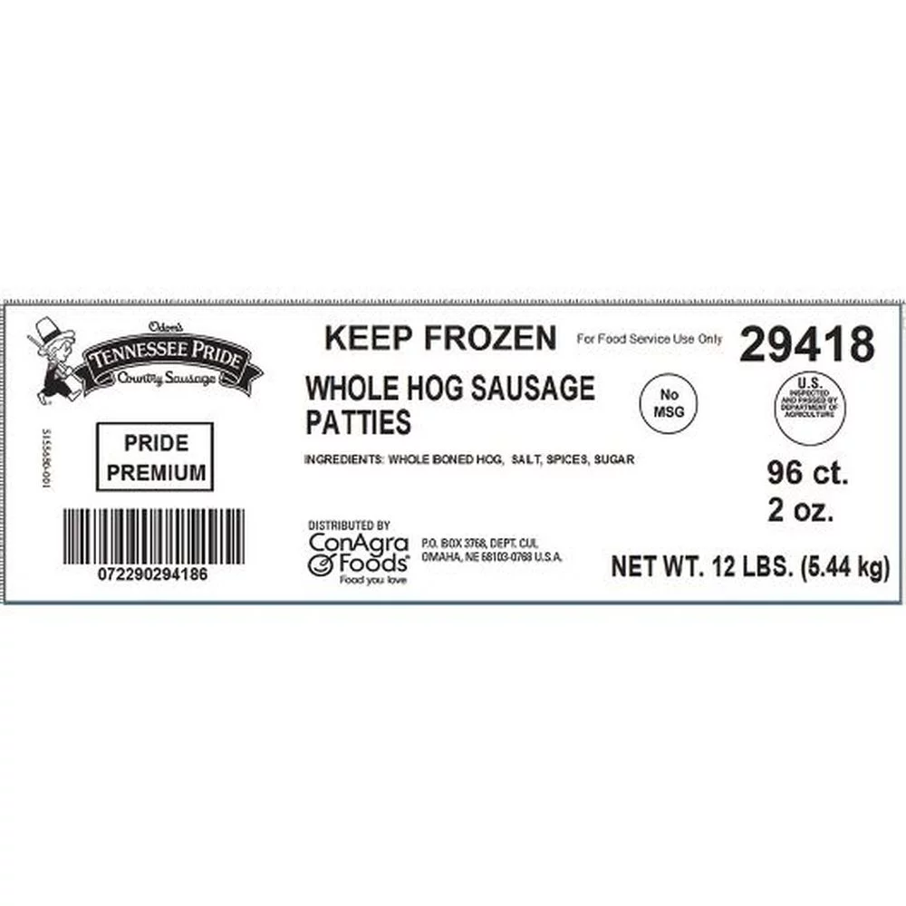 Odoms Tennessee Pride Premium Fresh Sliced Mild Sausage Patty, 12 Pound