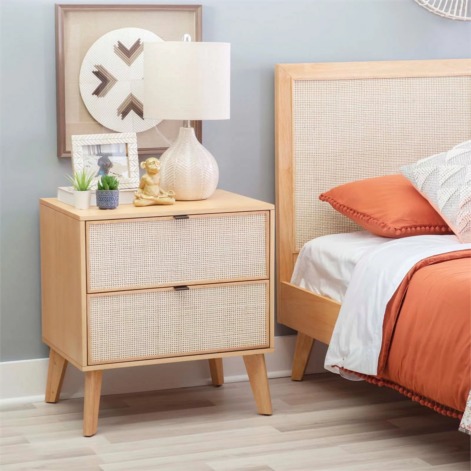 Linon Winnie Wood Nightstand 2 Drawers with Cane Front Panels in Natural Stain