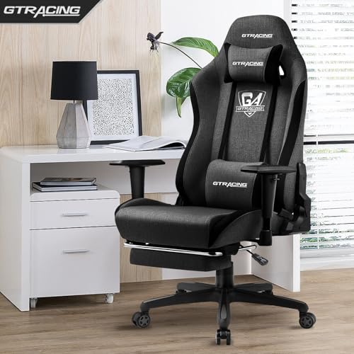 GTRACING Gaming Chair with Footrest, Fabric Breathable Big and Tall Ergonomic Computer Chair 350 lbs with Adjustable Lumbar Support and Recliner, High Back Game Chair for Office Gaming, Darkgray