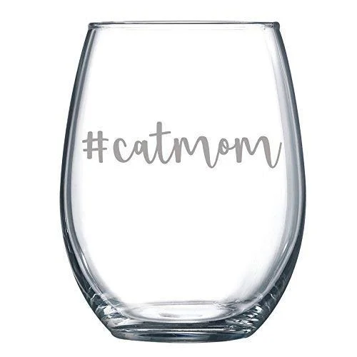 Cat Mom Hashtag Funny Gift Laser Etched Wine Glass Cursive - 17 Oz