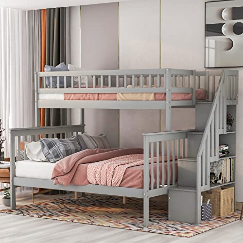 Harper & Bright Designs Stairway Twin Over Twin/Full Bunk Bed with Twin Size Trundle and Drawers, Solid Wood Bunk Bed Staircase Can be Placed on The Left or Right Side (White)
