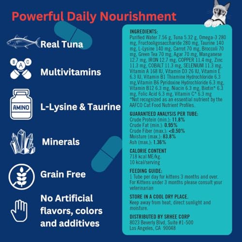 Lickable Cat Treats -Real Tuna Multivitamin Puree with Lysine & Taurine for Indoor Cats | Grain-Free, Squeeze Tube (50 Pack)