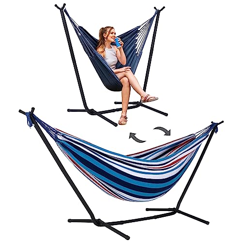 SUNCREAT 2-in-1 Hammocks Hammock Chair with Stand, 475 lbs Capacity, Heavy Duty Two Person Hammock with Stand, Patent Pending, Blue Stripe