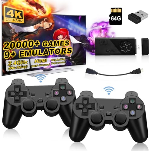 Wireless Retro Game Console Stick, Upgrade Retro Video Gaming Stick Built in 20000+ Games with 9 Emulators,4K HDMI Output with 2 Pack 2.4G Wireless Controllers，Game Emulator Console 2025（64GB） Black
