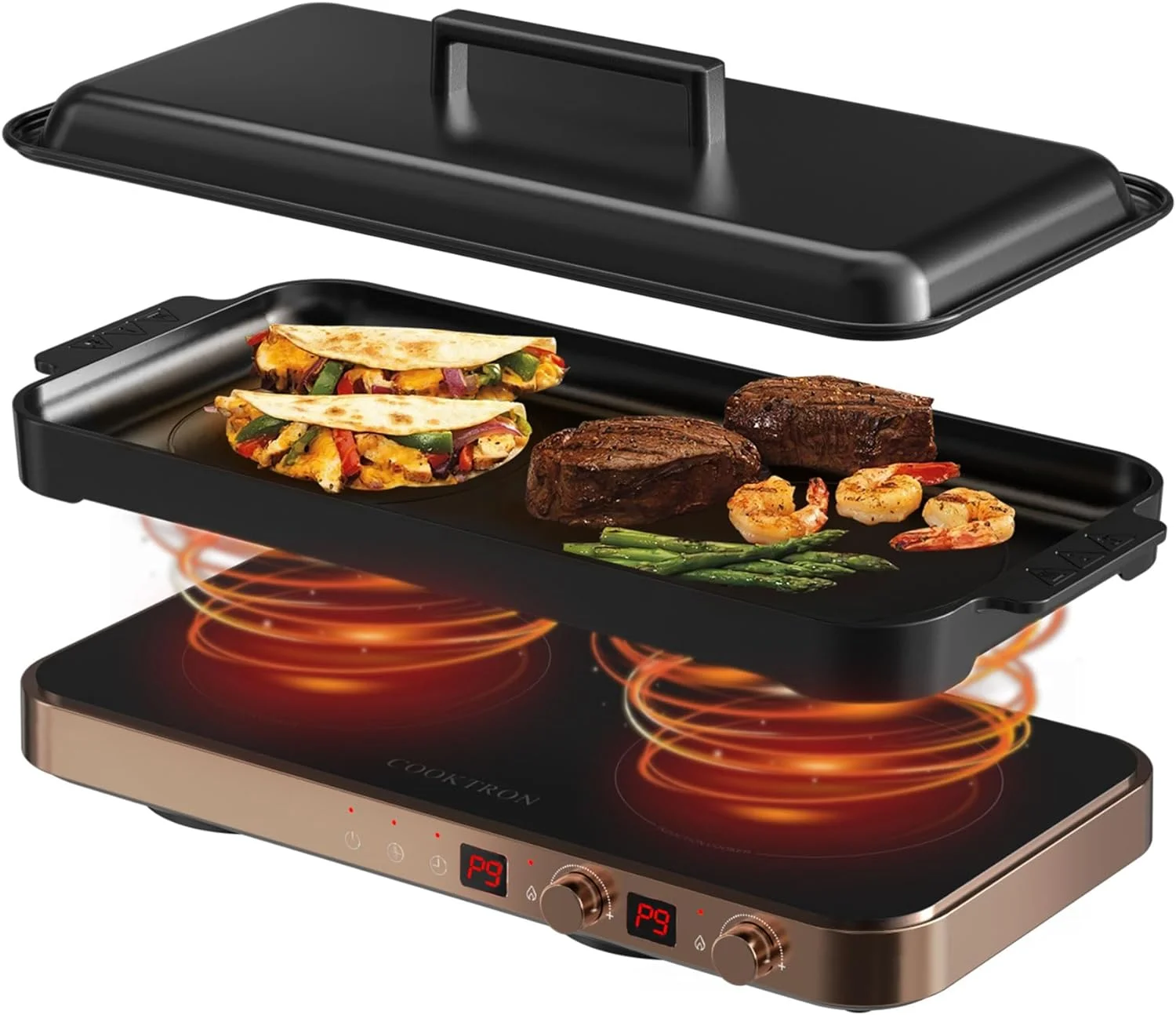 Portable Compact 2 Burner Induction Cooktop Electric Stove w/Smokeless Cast Iron Griddle Grill & Temperature Control & Child Lock, Rose Gold