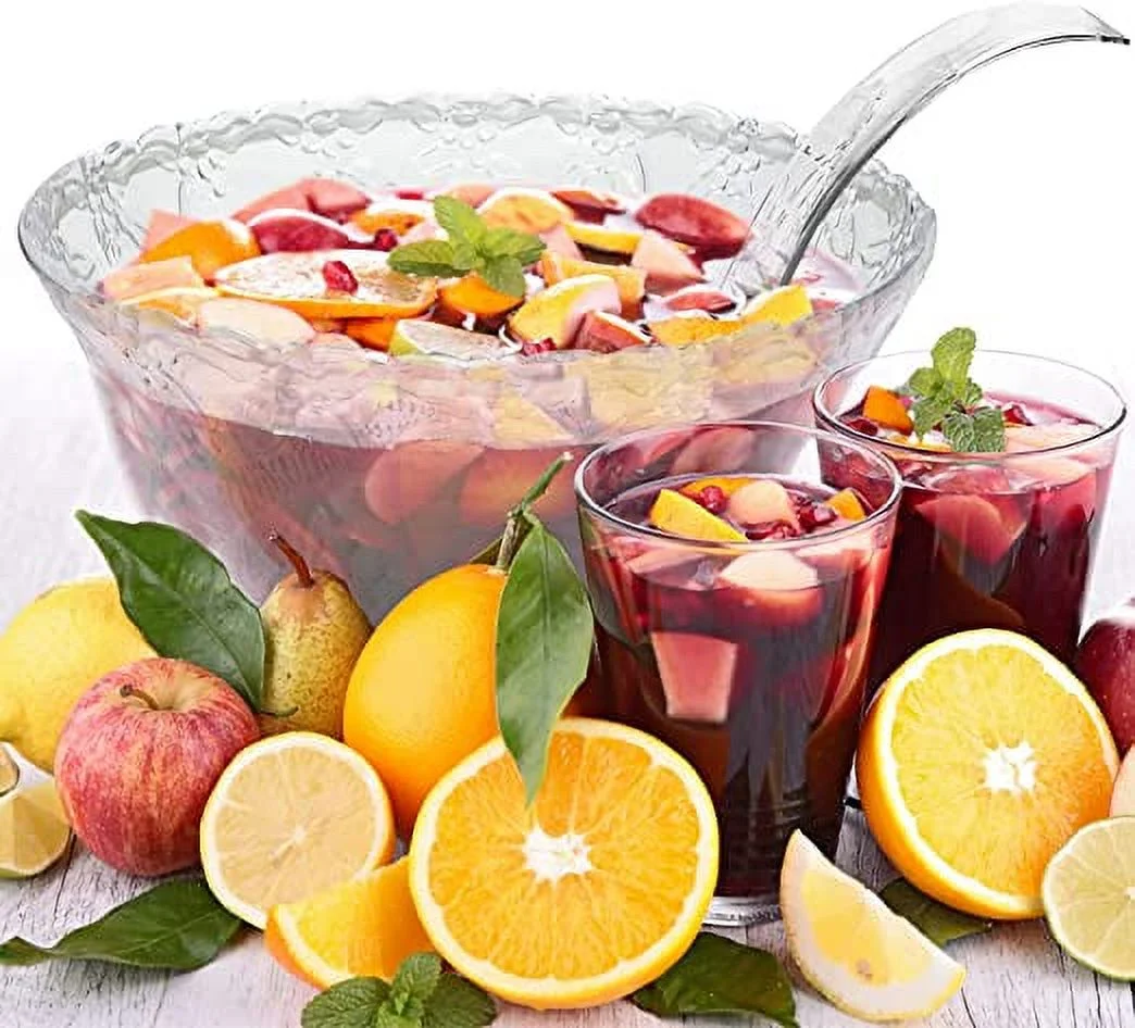 Punch Bowl with Ladle - 2 Gallon Large Clear Plastic Punch Bowl with Ladle - Embroidered Design 8 Quart Serving Bowl with 5 OZ Plastic Serving Ladle