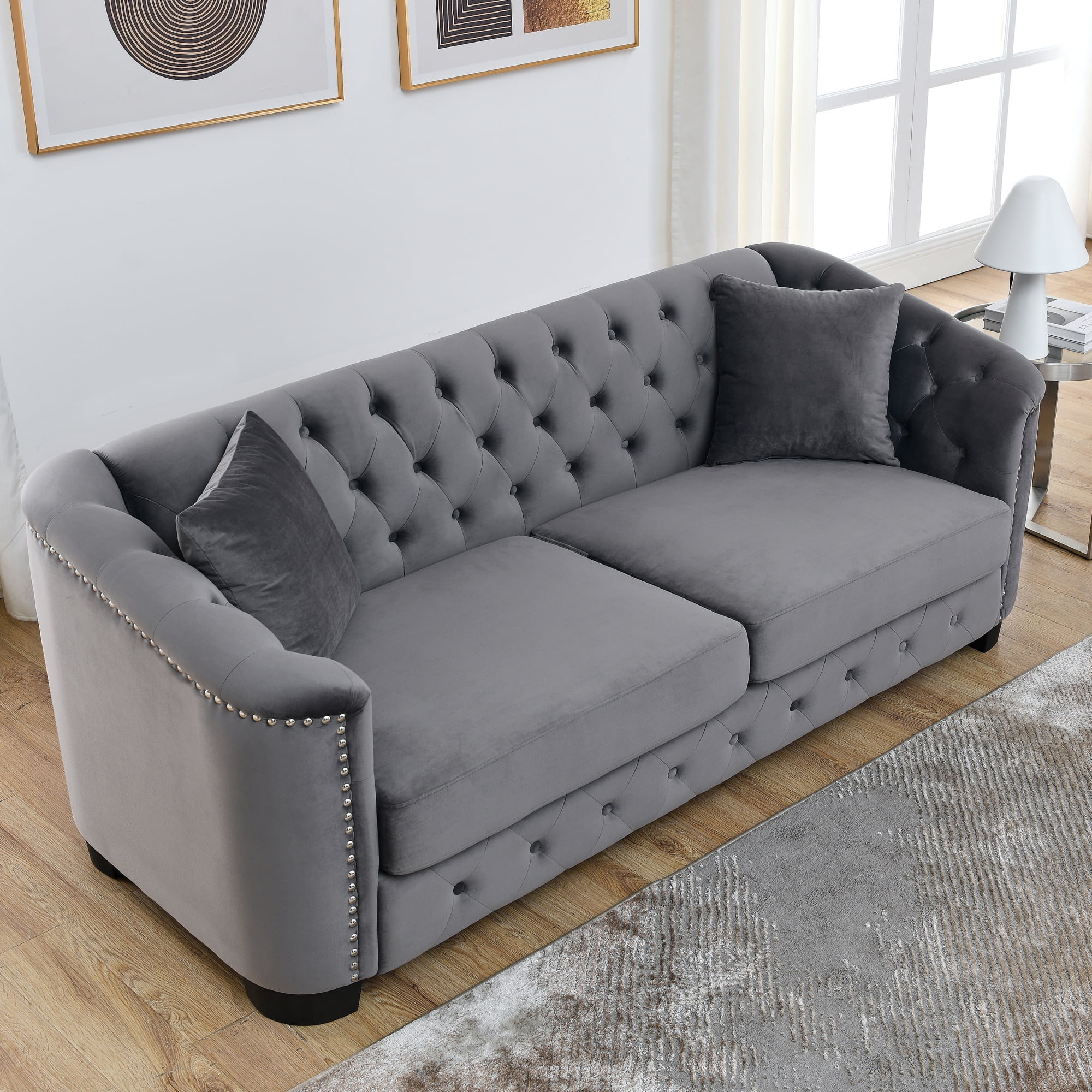 77-Inch Modern Chesterfield Velvet Sofa, 3-Seater Sofa, Upholstered Tufted Backrests with Nailhead Arms and 2 Cushions for Living Room, Bedroom, Apartment, Office (Grey)