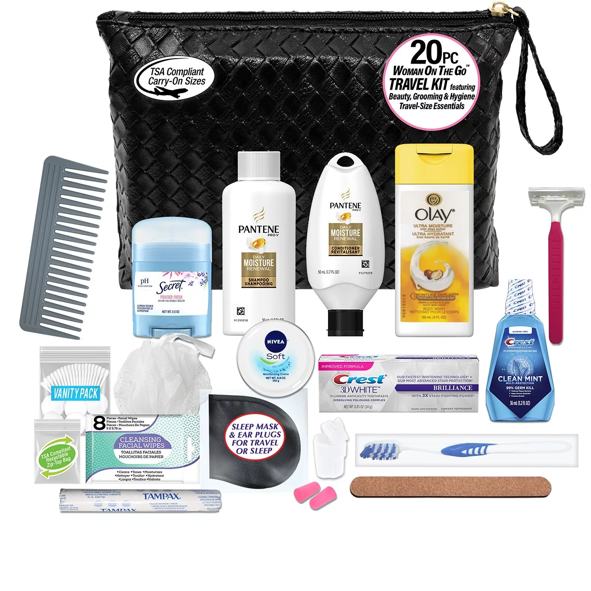 Convenience Kits International Women’s Premium 20-Piece Kit with Travel Size TSA Compliant Essentials in Stylish Cosmetic Bag