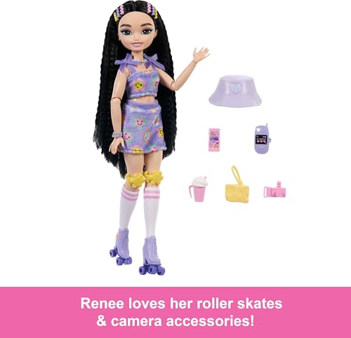 Barbie Dream Besties Doll and Accessories, Renee Posable Roller Skating Fashion Doll with Black Hair, 12 Video & Food Themed Pieces