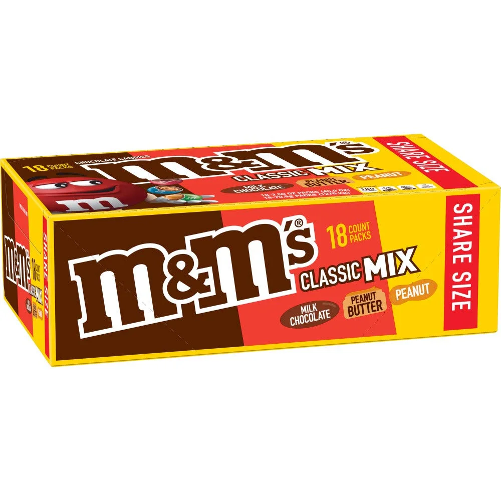 M&M,S Classic Mix Chocolate Candy Share Size Pack, 2.5 Oz (18 Count)