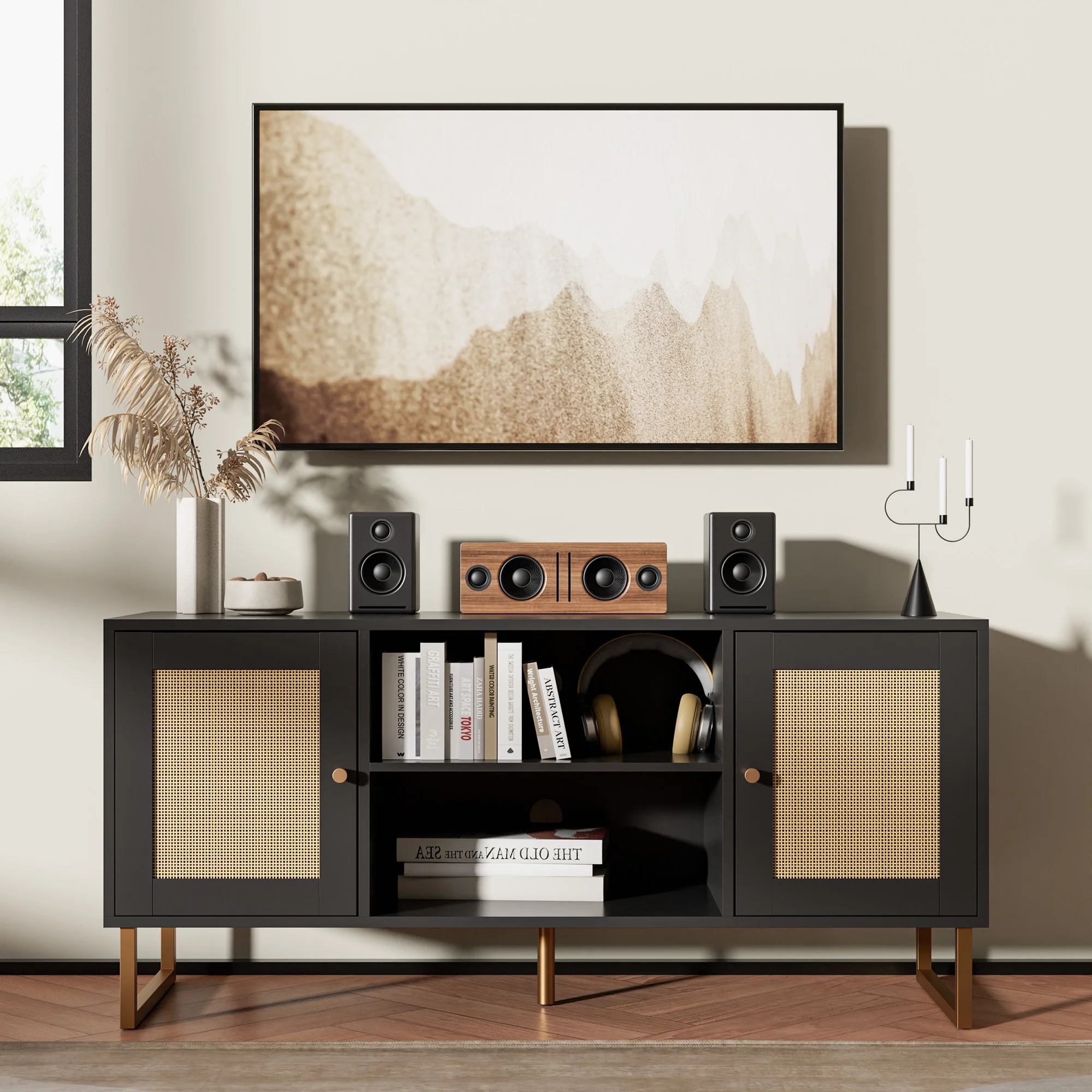 Cozy Castle Rattan TV Stand for 50/55 inch TV, Entertainment Center with Golden Legs and Metals, Modern TV Console Table with Adjustable Shelves, TV Media Console for Living Room, Bedroom, Black