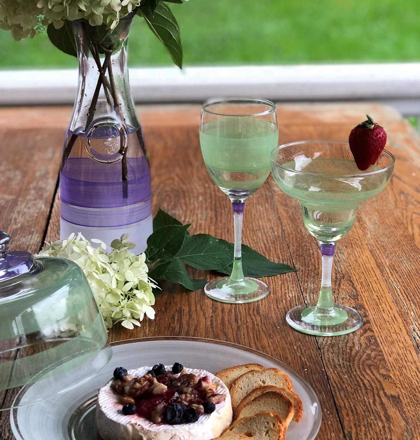 Hand Painted Martini Glasses Set Of 2 - Cape Cod Cottage Green Collection - Hand Painted Glassware By Artists - Unique And Decorative Martini Glasses, Kitchen Table Décor