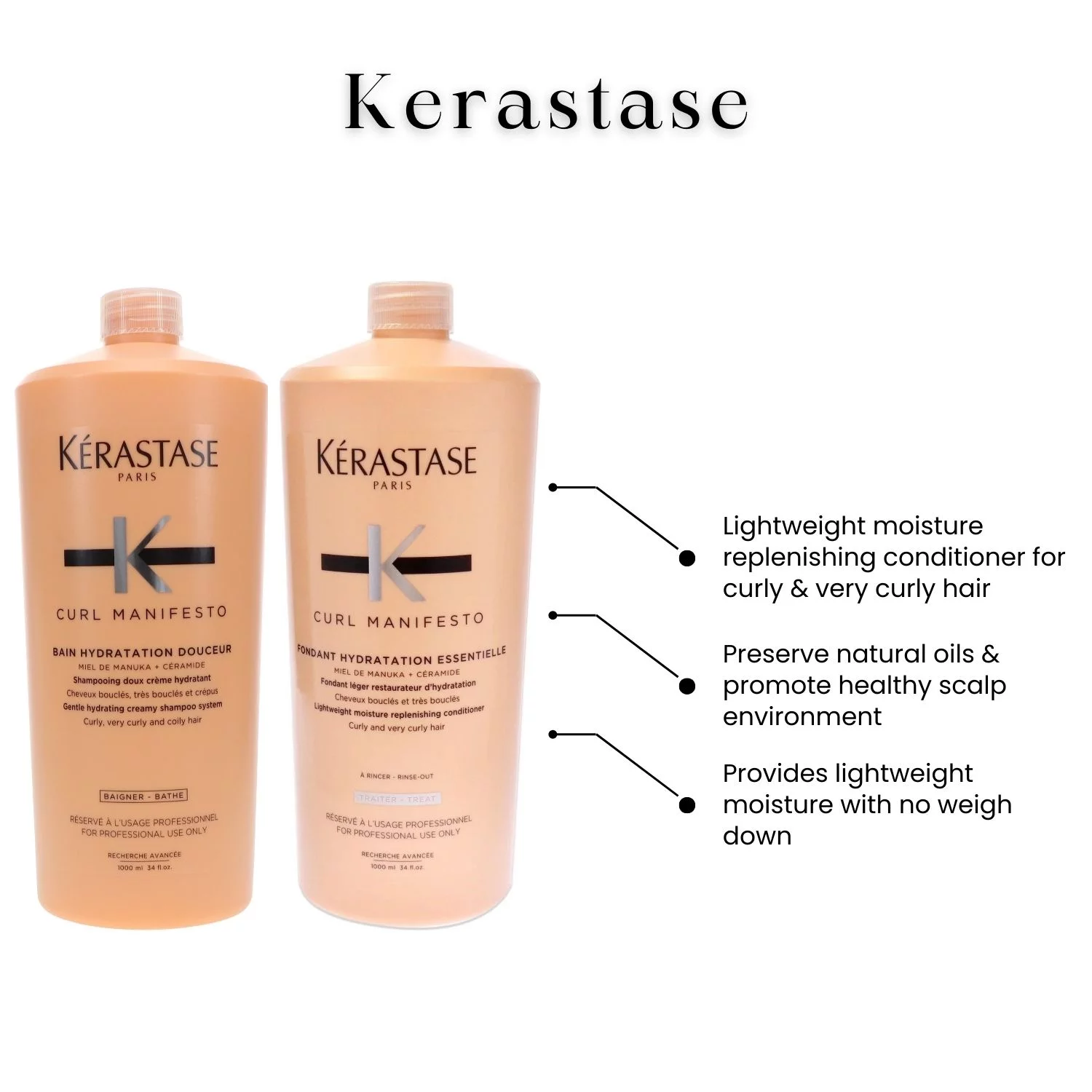 Kerastase Curl Manifesto Bain Hydratation Douceur Shampoo & Fondant Hydratation Essentielle Conditioner Set, 34 oz Each With Pumps