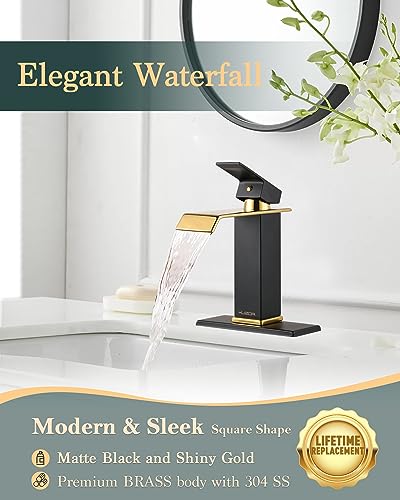 ​​KUZOR Black and Gold Tall Waterfall Vessel/Bowl Sink Faucet – Single Hole 304 Stainless Steel Bathroom Faucet with Metal Pop-Up Drain, High Arc Spout for Modern Vanities​