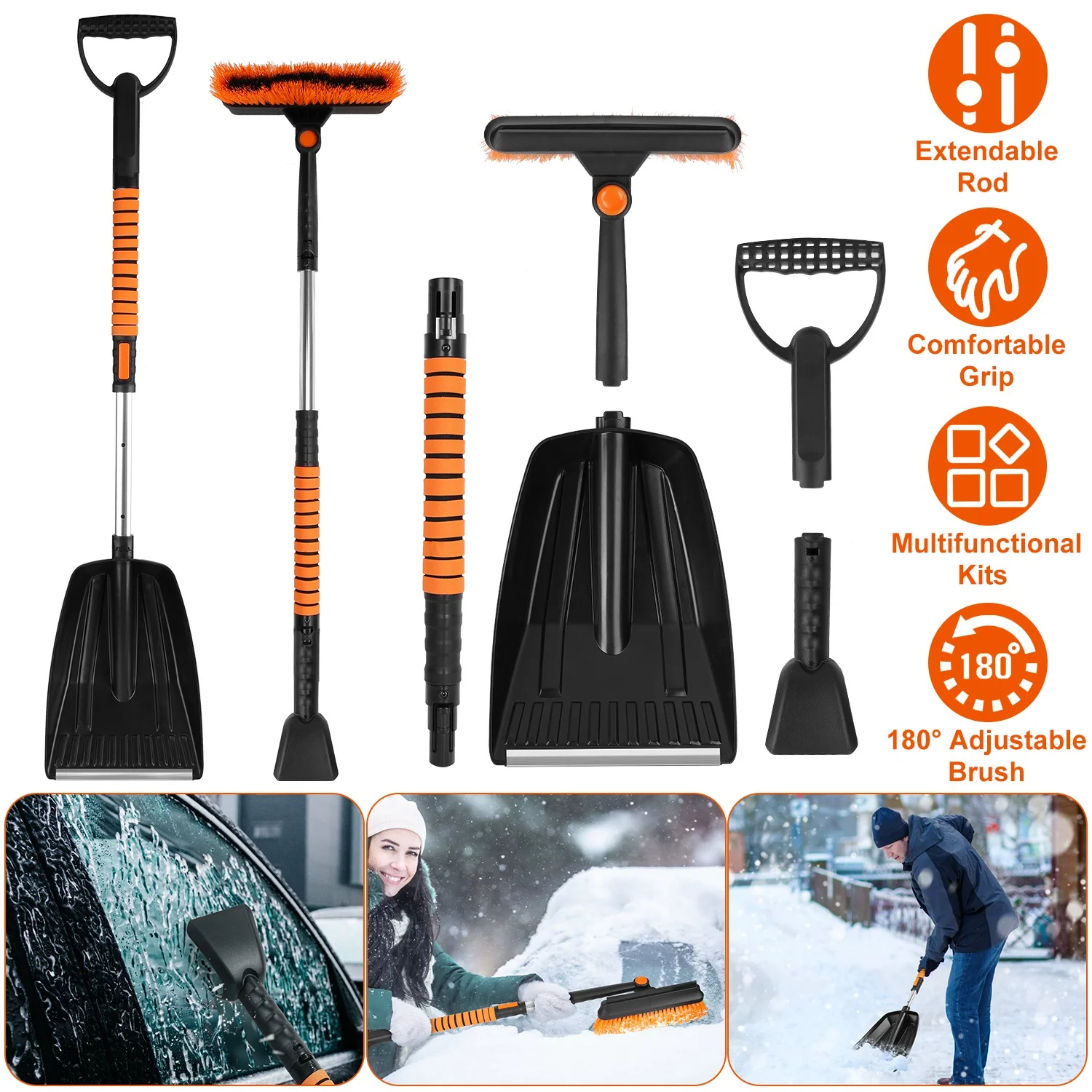 iMounTEK 5 in 1 Telescopic Windshield Ice Scraper, Aluminium Alloy Ice Scraper Snow Brush Shovel Kit for Universal Vehicles 9.84x10.63x4.33in, Orange
