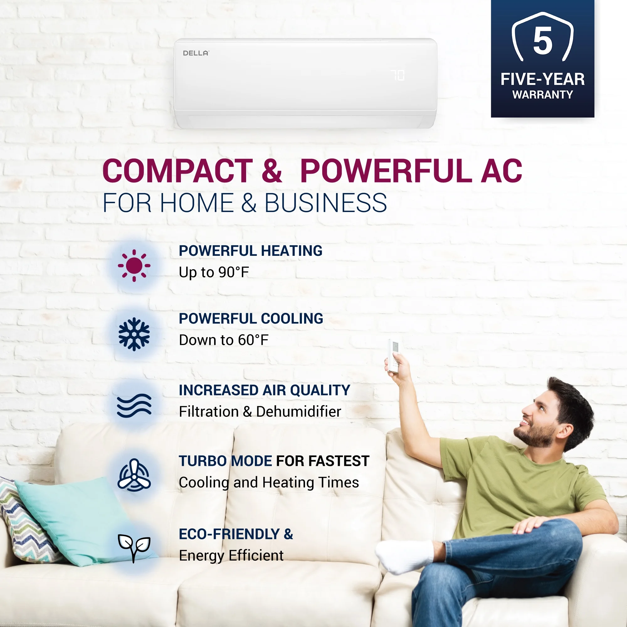 DELLA 22000 BTU Mini Split Air Conditioner 17 SEER2 Cools up to 1500 Sq. Ft, 230V, Works with Alexa, Wifi Enabled Air Conditioner & Heater Ductless Inverter System with Heat Pump, Installation Kit