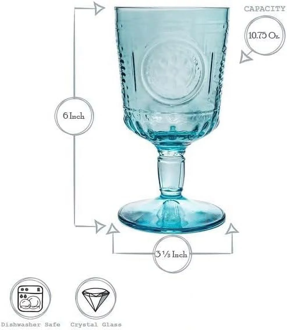 Bormioli Rocco Romantic Set Of 6 Stemware Glasses, Light Blue, Made In Italy