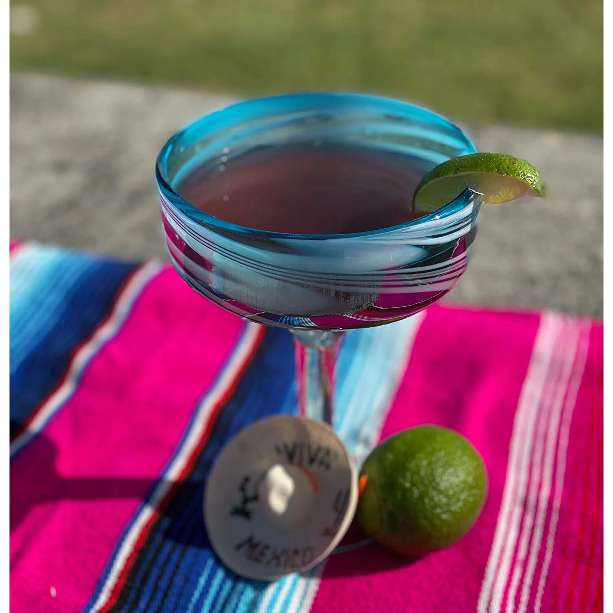 Dos Sueños Dos Suenos Mexican Hand Blown Glass - Set of 4 Hand Blown Margarita Glasses Aqua Swirl (16 oz)