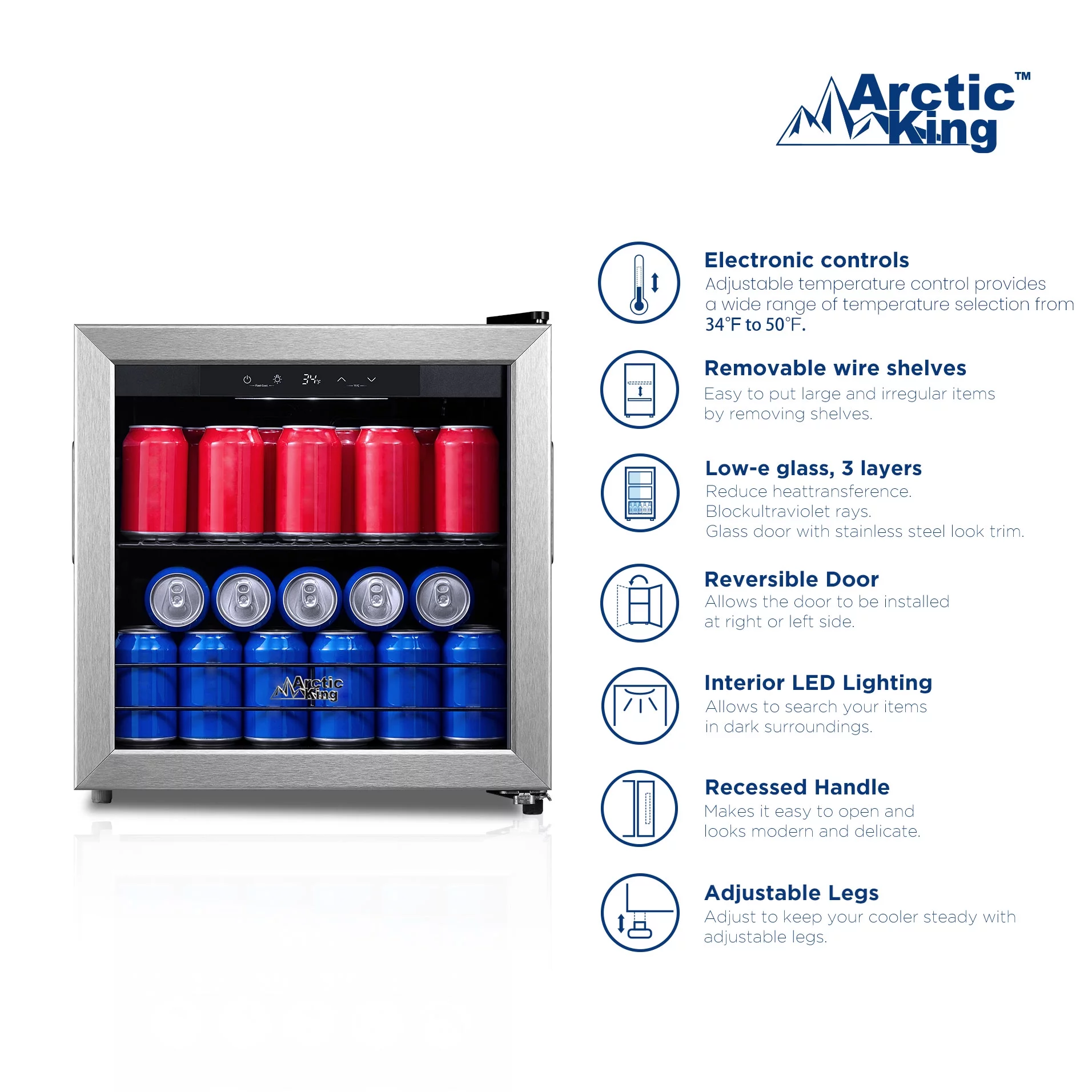 Arctic King 48-Can Beverage Fridge & Cooler with Electrical Control, Stainless Steel Look, ARV48B1AST