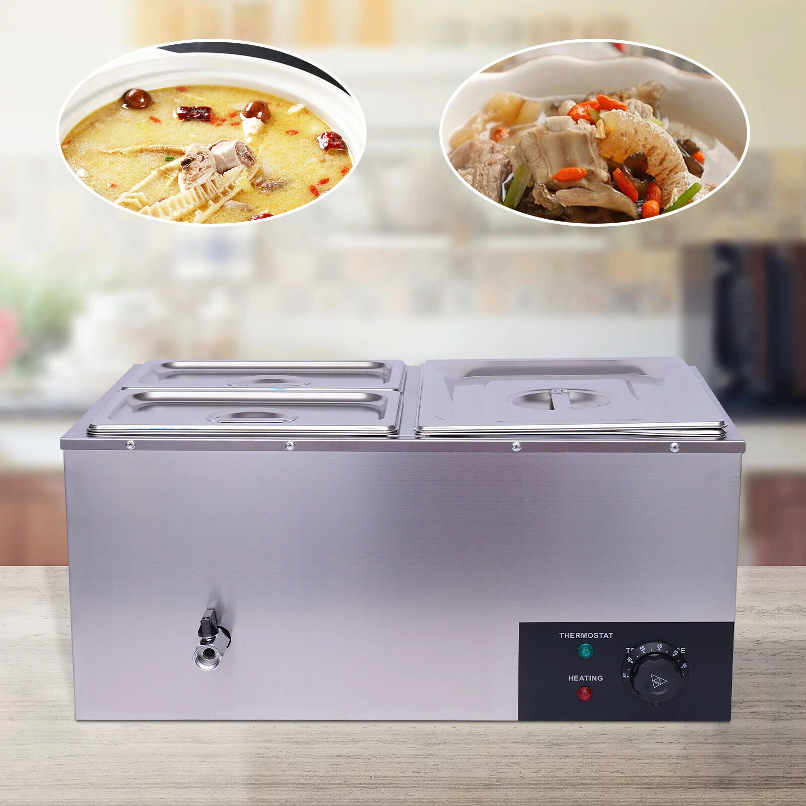 OUKANING 3-Pan Commercial Electric Food Warmer Buffet Food Warmer Stainless Steel with Lids 600W