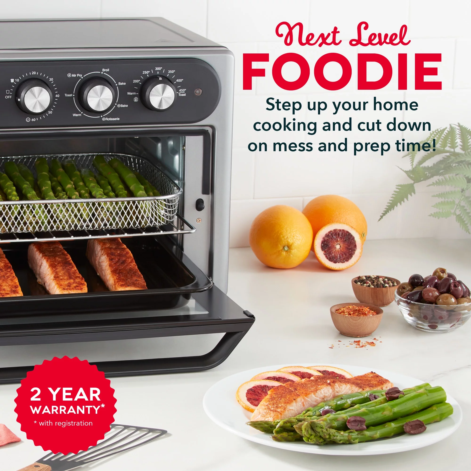 Dash Chef Series 7 in 1 Convection Air Fryer Oven With Non-Stick Fry Basket, Baking Pan & Rack, 23L, 1500 Watt