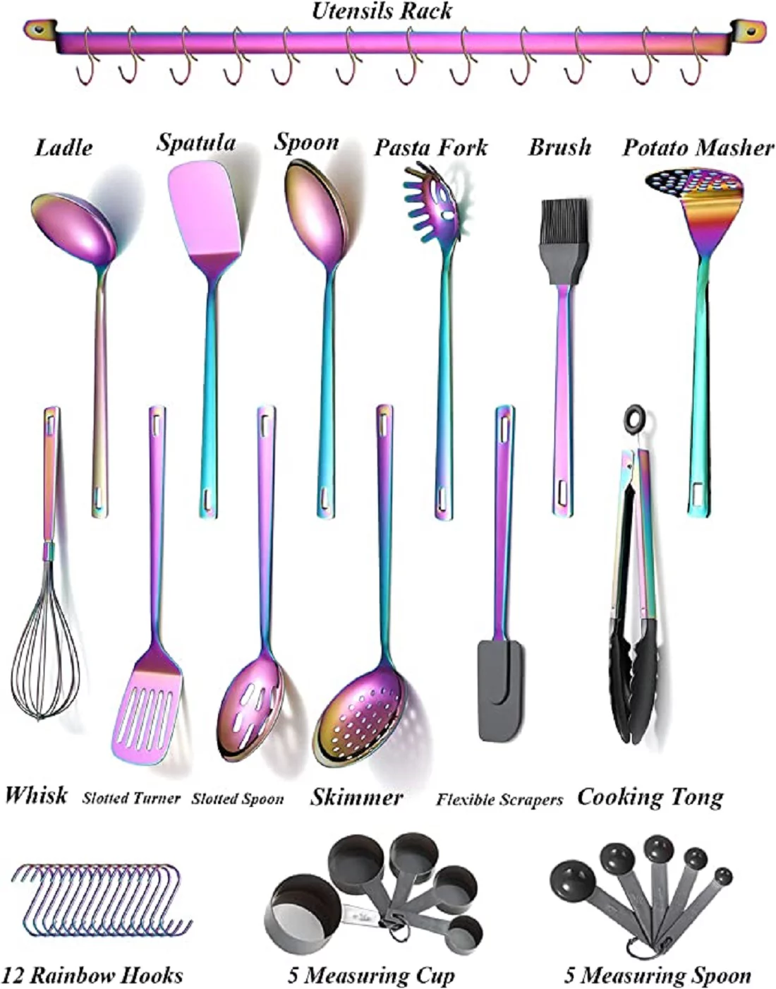 37-Piece Kitchen Cooking Utensils Set with Holder, Colorful Silicone Utensil Stainless Steel Handle, Nonstick Kitchen Tools with Spatula Ladle Pizza Cutter Grater Spoon Rest, Heat Resistant