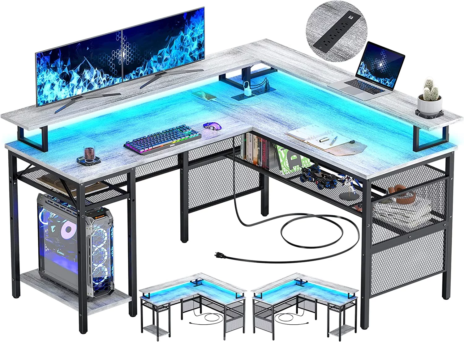 L Shaped Computer Desk  Reversible Corner Desk with Power Outlet and LED Strip  L- Shaped Gaming Table with Monitor Stand and  Shelf   2 Person  Office Work Desk  White Oak