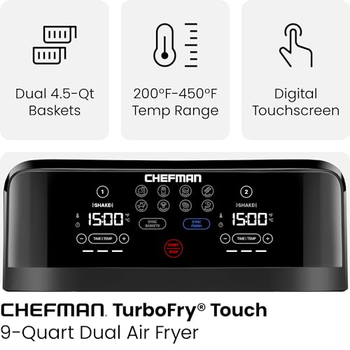 Chefman 6 Quart Dual Basket Air Fryer - Digital Touchscreen, Smart Sync Finish, Hi-Fry, Auto Shutoff, 2 Independent 3QT Nonstick Dishwasher-Safe Frying Baskets - Digital Double Air Fryer - Black