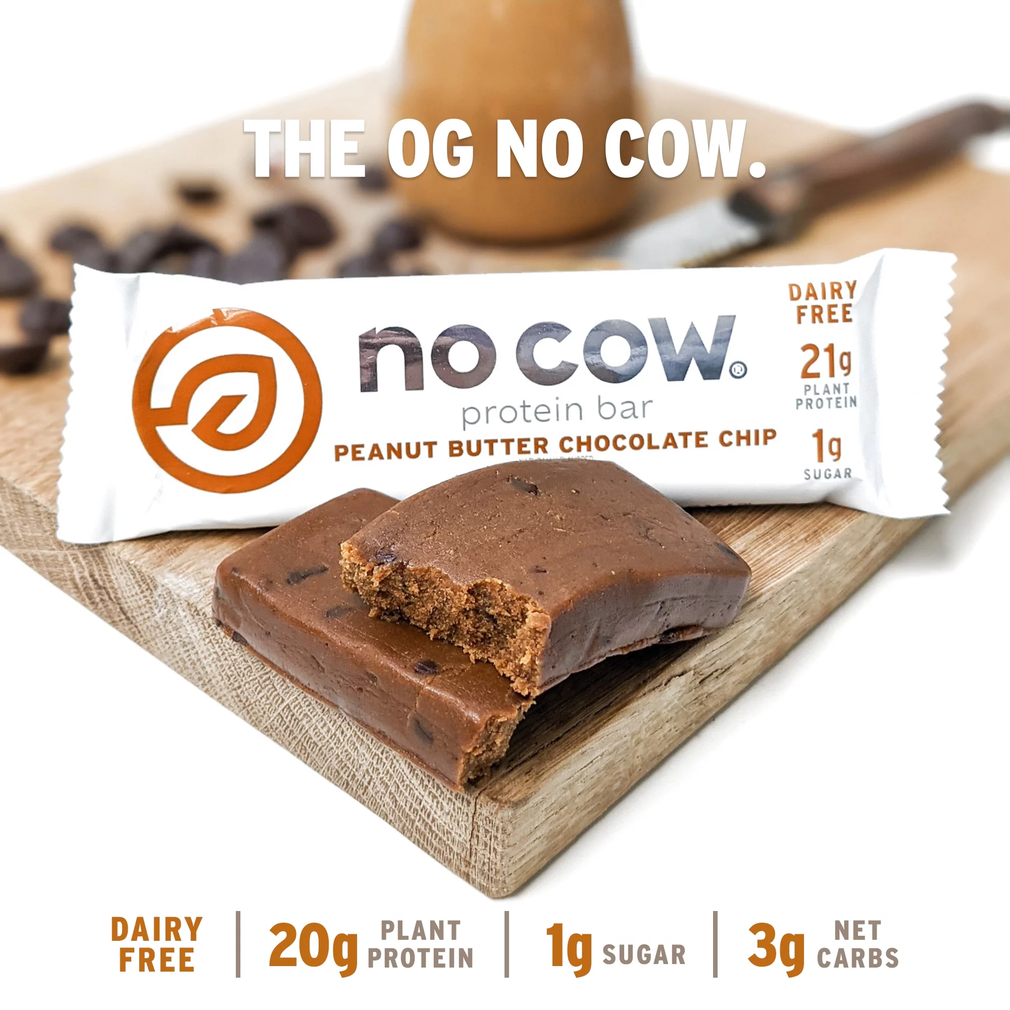 No Cow Vegan Protein Bars, Peanut Butter Chocolate Chip, Box of 12