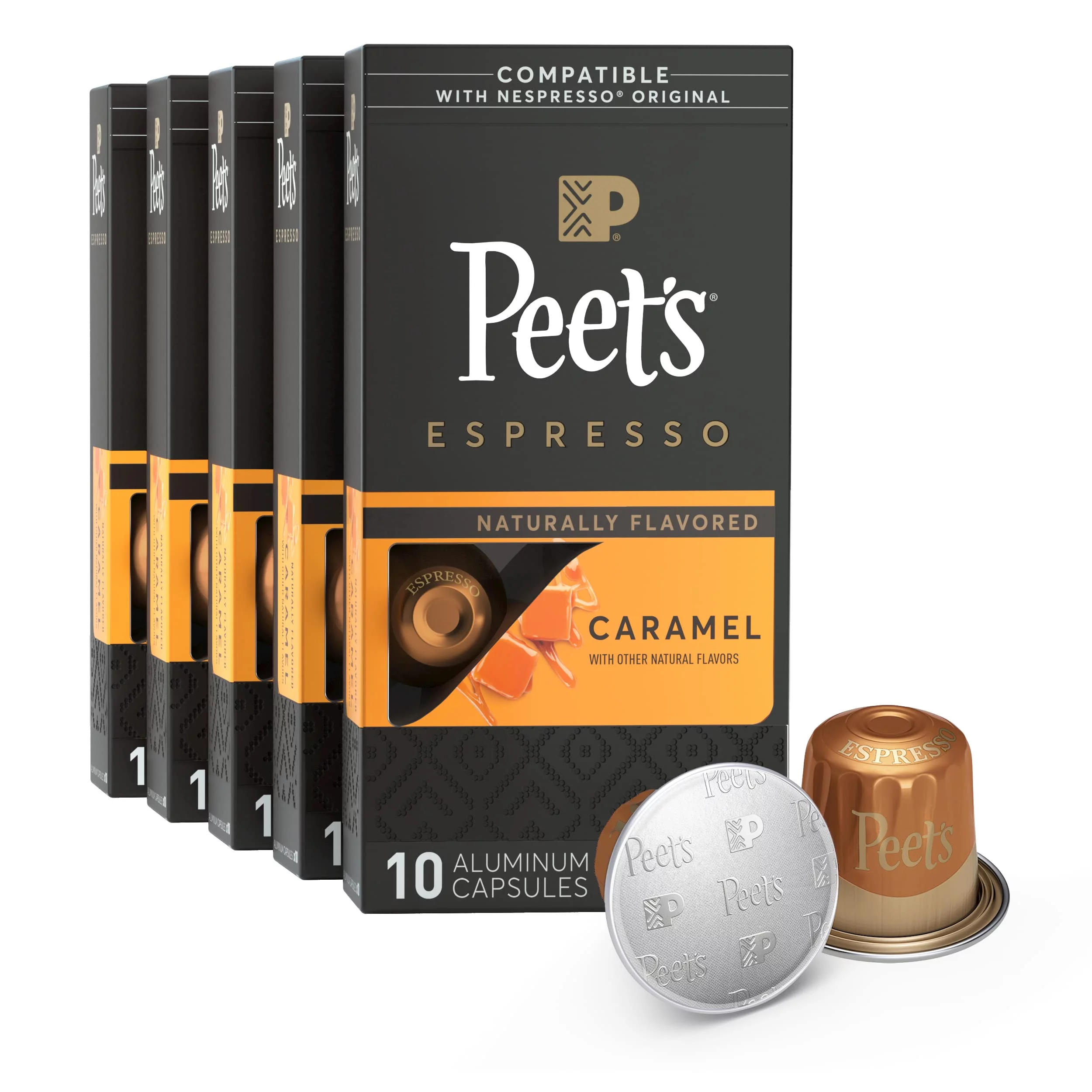 Indulge in the Rich Delights of Peet's Coffee Dark Roast Espresso Pods - Nespresso Original Compatible - Captivating Caramel Flavor - 50 Pods (5 Boxes of 10)!.