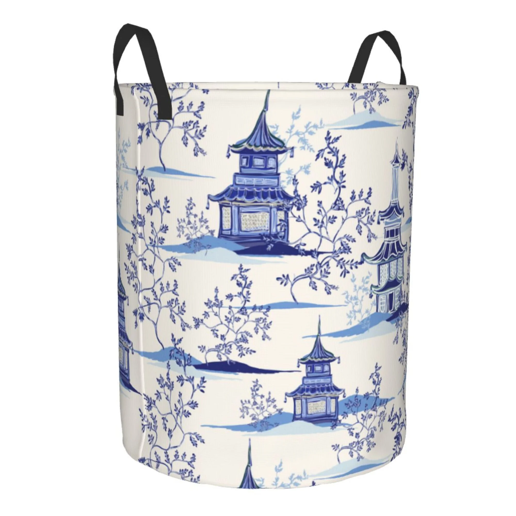 TEQUAN Waterproof Laundry Hampers, Vintage Ink Blue Chinoiserie Pattern Clothes Storage Basket with Handle (S)