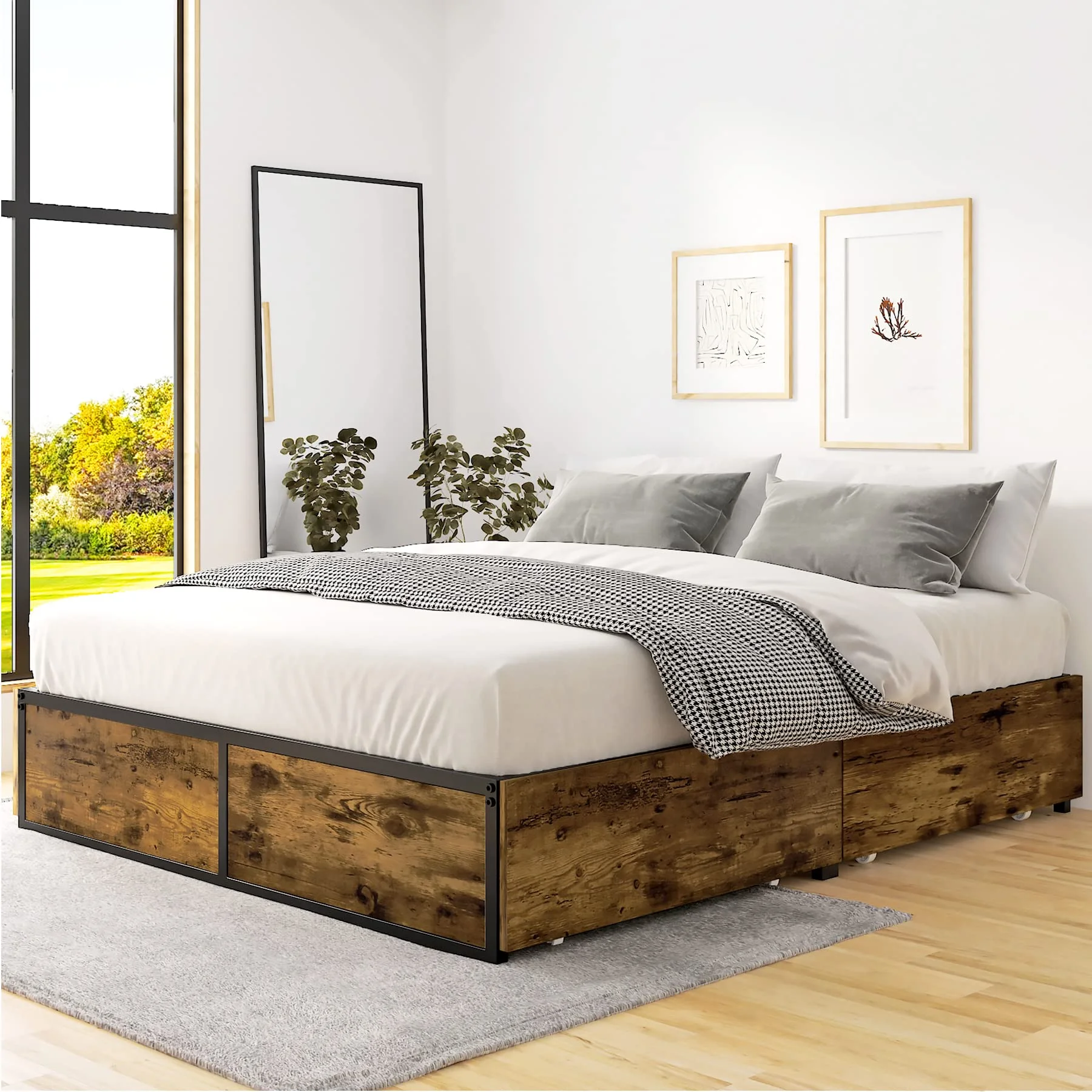 Einfach Queen Platform Bed with 4 XL Drawers, Industrial Design, Brown