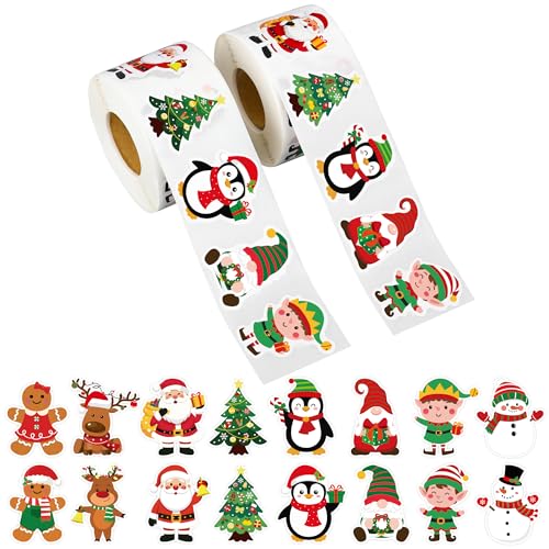 1200 Pcs Christmas Stickers Roll 1.5 Inch Xmas Self Adhesive Sticker Decals 16 Designs Santa Claus Snowman Gingerbread Label Tag Seal Stickers for Christmas Holiday Party Gift Envelopes Supplies