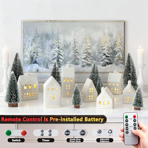 Christmas Village Set - 7 White Ceramic Houses with Remote LED Tea Lights and 8 Mini Trees, Farmhouse Christmas Decorations Indoor for Fireplace, Mantel, Tabletop, Shelves Winter Holiday Decor