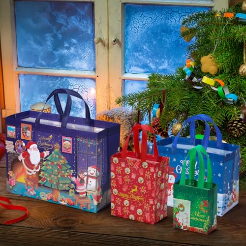 EQOREIIN Christmas Gift Bags 24 Pack Assorted Sizes - Variety Pack Includes (4XL+8L+8M+4S) Non-Woven Reusable Tote Bags with Handles for All Xmas Gifts, Holiday Party Favors & Decor