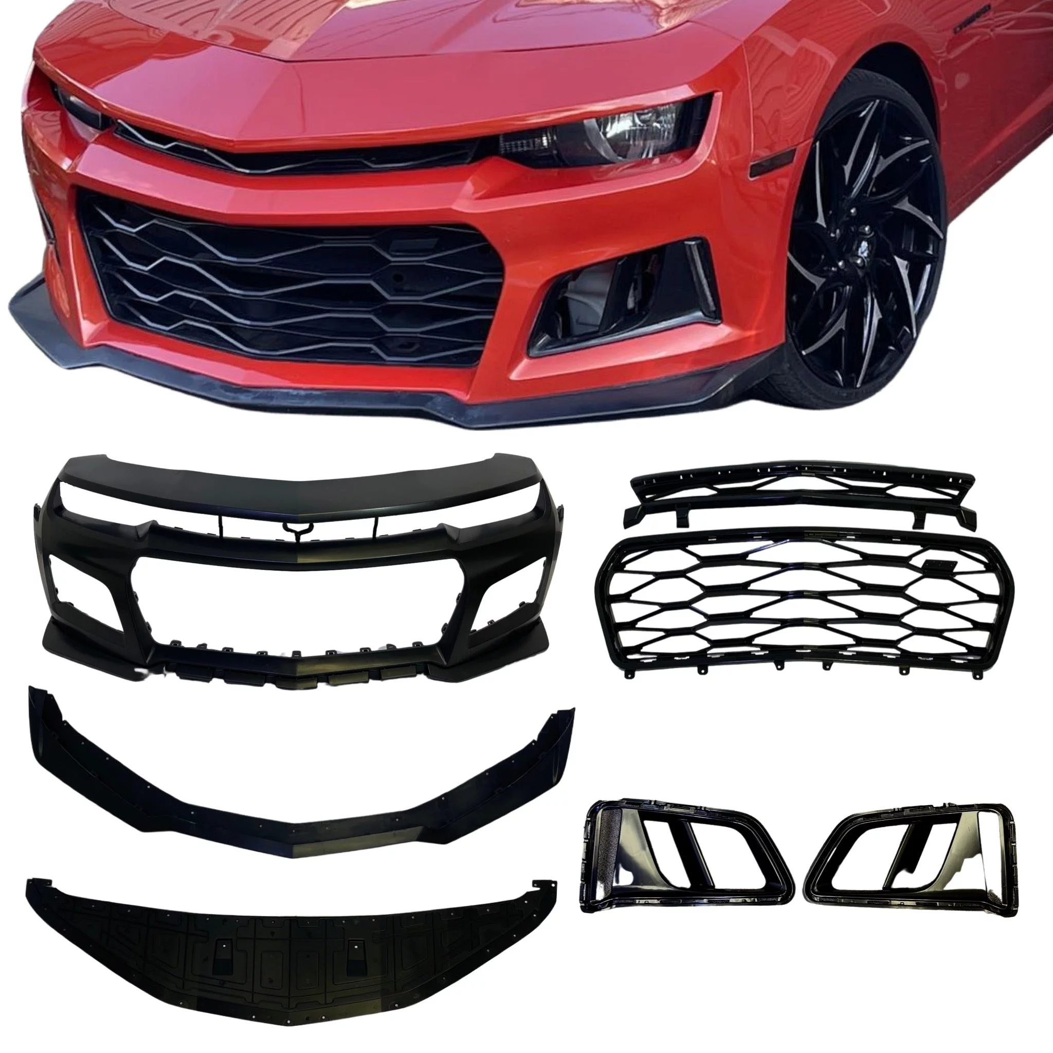 Auto Addict Front Bumper Conversion Compatible with Chevy Camaro 2010-2015 – 7-pcs Flat BLK Bumper Conversion