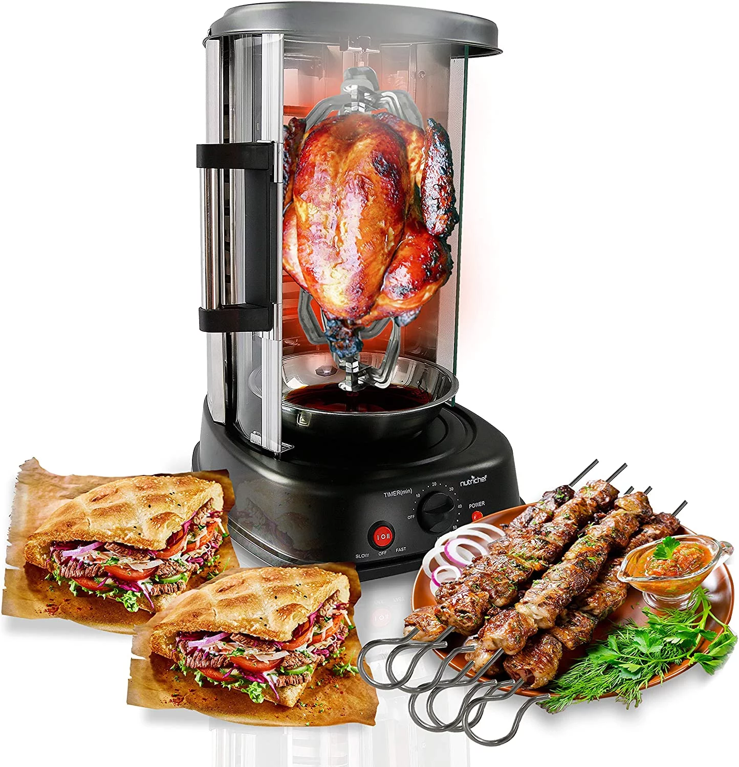 Excellent NutriChef Countertop Vertical Rotating Oven - Rotisserie Shawarma Machine  Kebob Machine  Stain Resistant & Energy Efficient W/ Heat Resistant Door  Includes Kebob Rack with